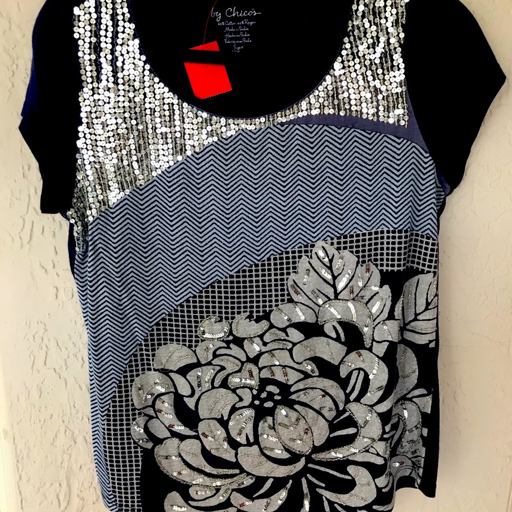 Chicos top size 0 blue and silver shirt sequined front with cap sleeves